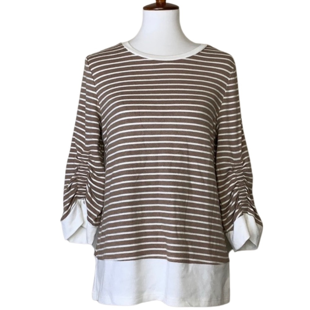 DOE & RAE Striped Tan & White Crewneck Sweater S